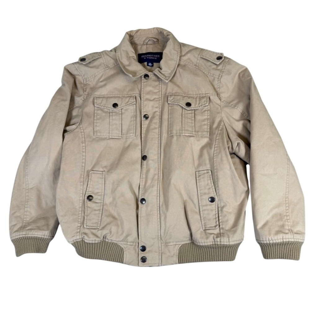 Roundtree & Yorke Mens XL Tan Canvas Bomber Jacket Full Zip Military Style